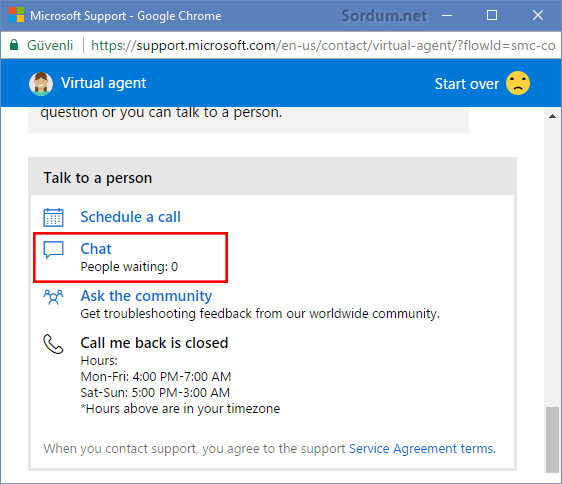 Microsoft ile chat seçeneği