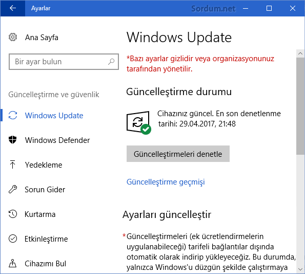 Windows 10 güncelleme sayfası