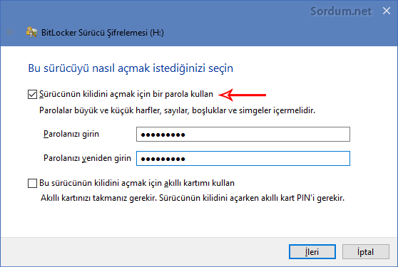 Bitlocker ile çıkartılabilir sürücüye şifre atamak