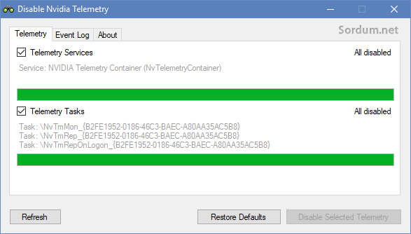 Disable nvidia telemetry devredisi bırakıldı