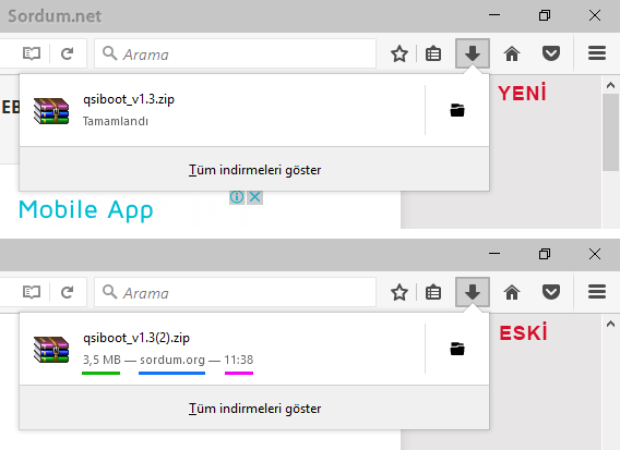 Firefox eski ve yeni indirme yöneticisi karşılaştırması