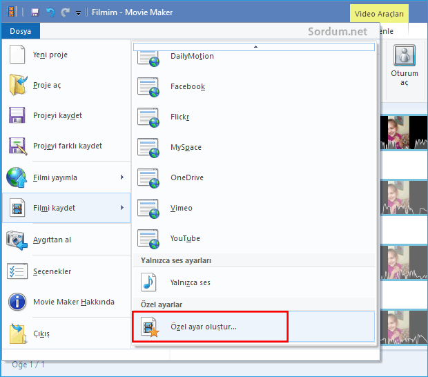 Movie maker özel ayar oluştur