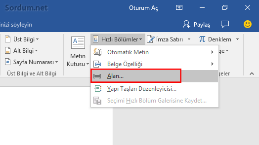 ms word a alan ekleme