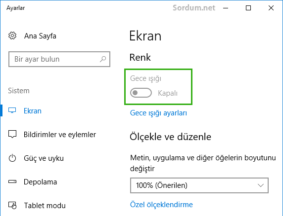 windows 10 da gece ışığı çalışımıyor