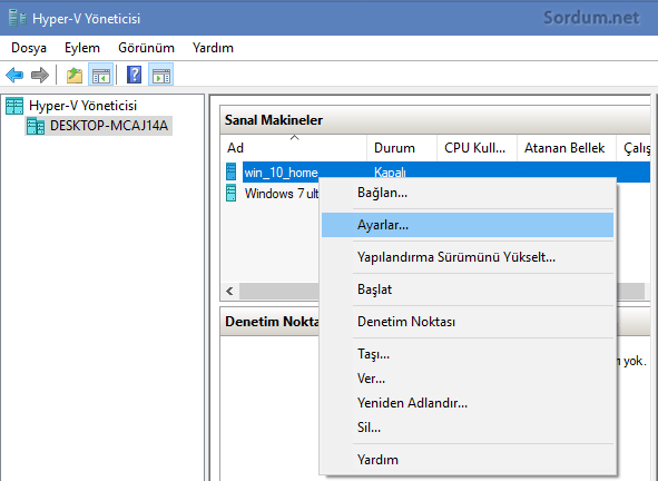 Hyper-V sanal makina ayarları