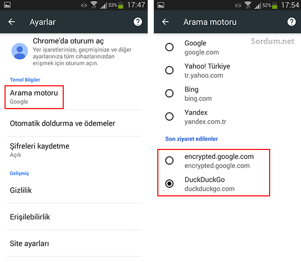Mobil chromede arama motoru değiştirme