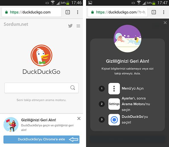 Mobilde Duckduckgo varsayılan olsun