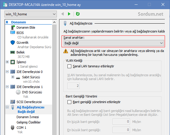 Sanal anahtar bağlı değil