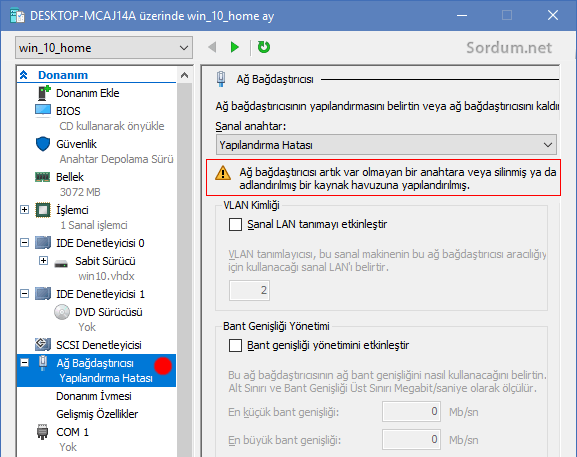 hyper-v sanal makina yapılandırma hatası