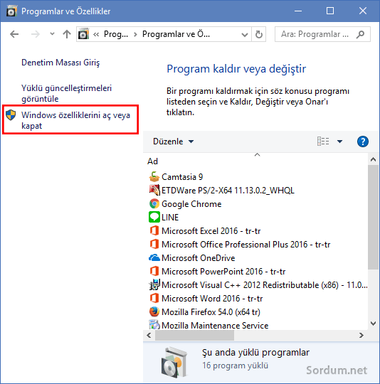 windows özelliklerini aç kapat