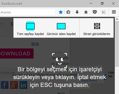 Firefox ekran görüntüsü alınacak bölgeyi belirleme