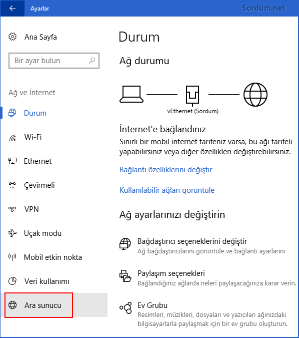 Windows 10 da ara sunucu (proxy) kullanımı