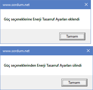 Enerji tasarruf ayarlarını ekleme - silme