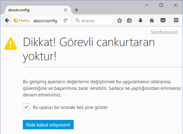 Firefox about:config ekranı