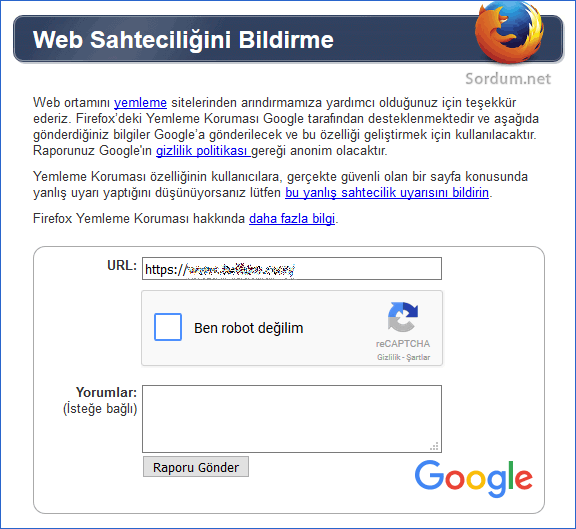 Firefox web sahteciliği bildirme