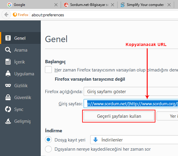 Firefox ta geçerli sayfaları kullan