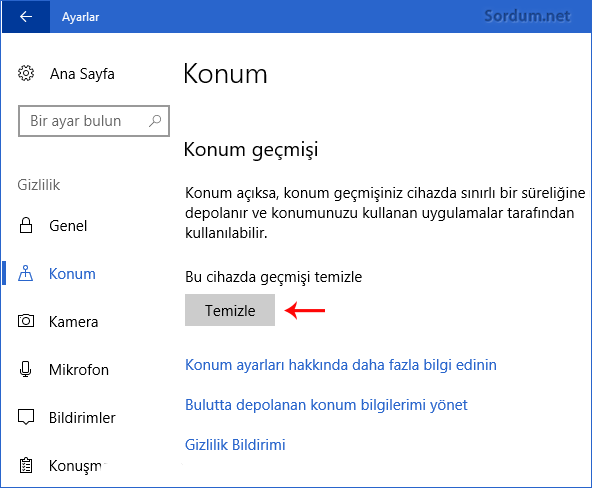 Windows 10 da konum geçmişini temizleme