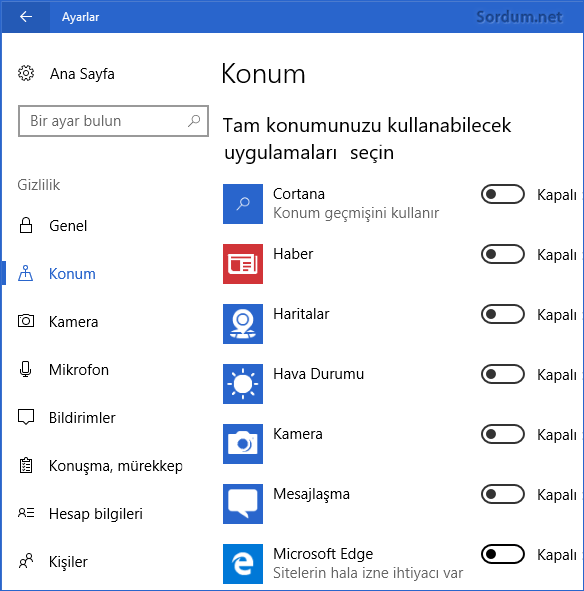 Windows 10 da konum kullanan uygulamalar