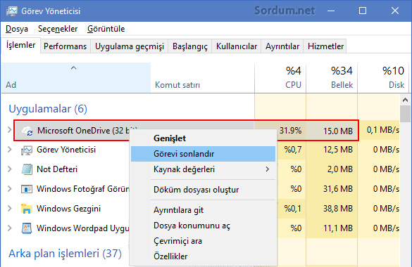 OneDrive görevi sonlandır