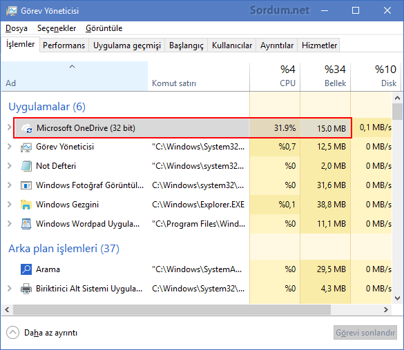 OneDrive yüksek işlemci kullanımı