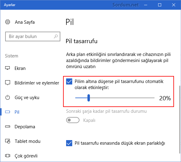 Laptopta otomatik pil tasarrufu