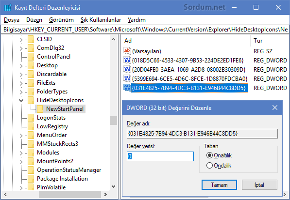 Registry Dword değeri sıfır