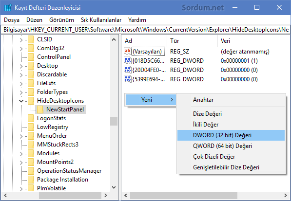 Registry de yeni dword (32) değeri oluşturmak