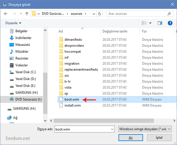 boot.wim dosyasının seçimi boot.wim dosyasının seçimi
