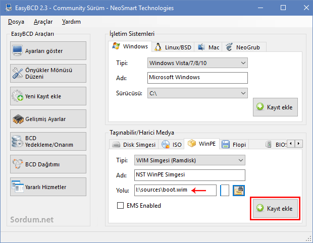 EasyBCD kayıt ekle EasyBCD kayıt ekle