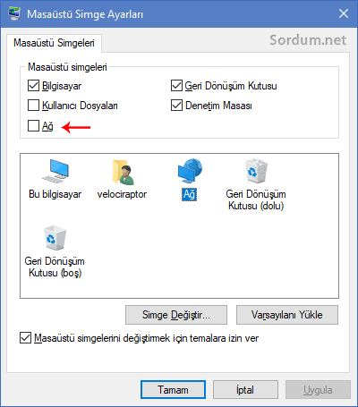 Masaüstü simge ayarı ekranı