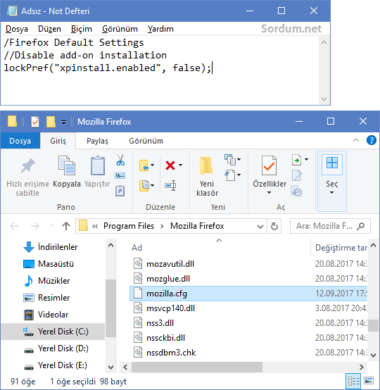 Firefox mozilla.cfg dosyası