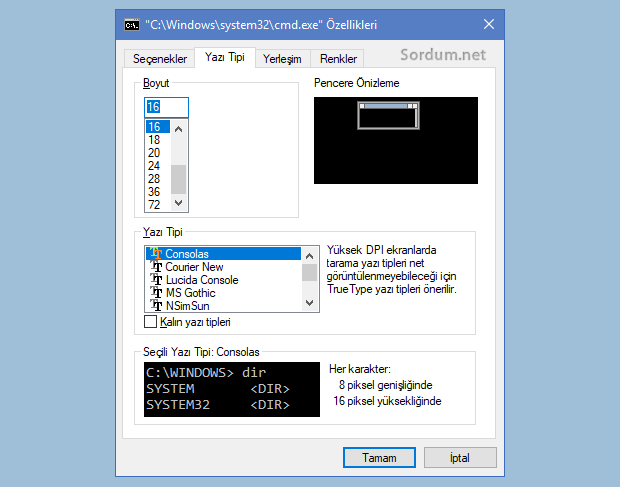 Windows 10 komut istemi yazı tipi