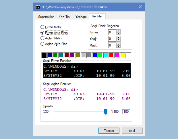 Windows 10 renkler