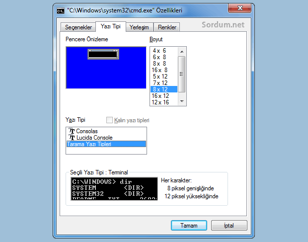 Windows 7 komut istemi yazı tipi