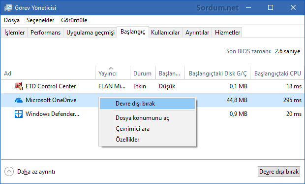 Açılışta bir uygulamayı devre dışı bırakmak