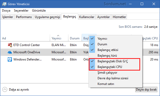 başlangıçtaki disk ve Cpu