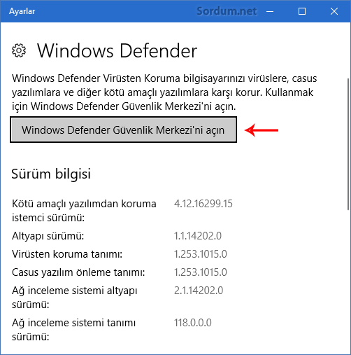 Defender güvenlik merkezini açalım