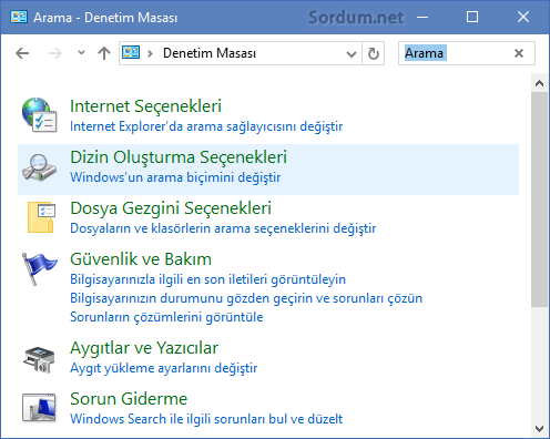 Dizin oluşturma seçenekleri