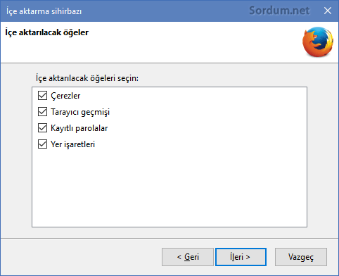 İçe aktarılacak öğeler