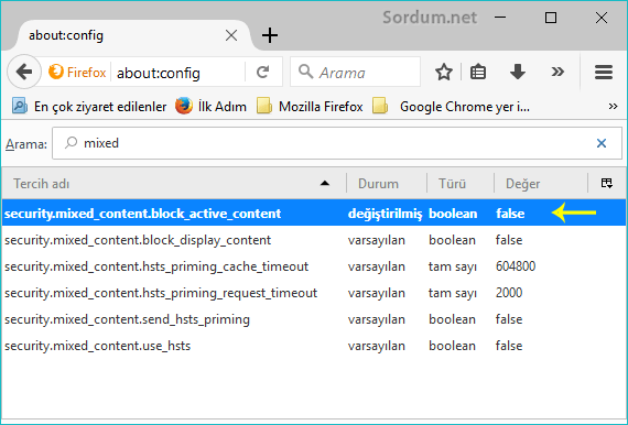 Firefox security mixedi kapatalım