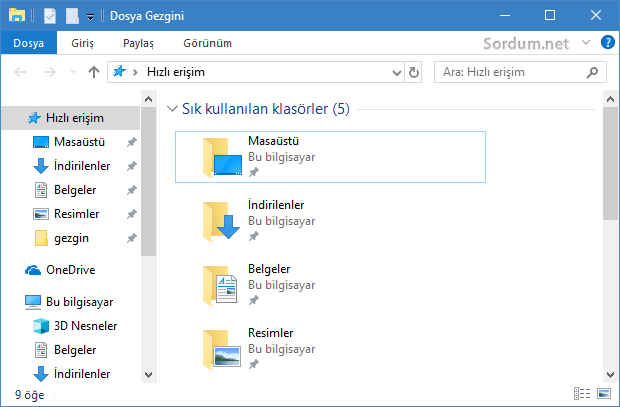 Dosya gezgini hızlı erişim