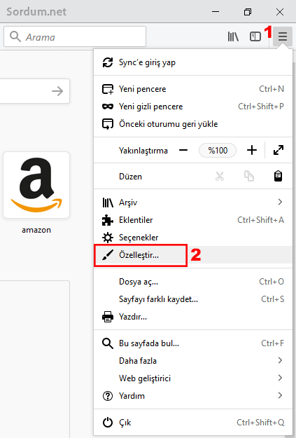 Firefox özelleştir seçeneği