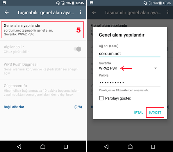Hotspot için bir isim ve şifre