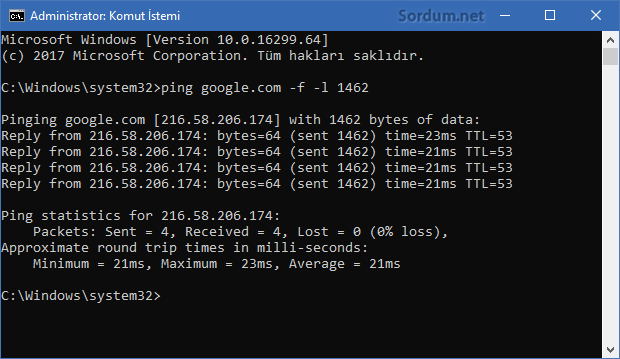 mtu ping başarılı