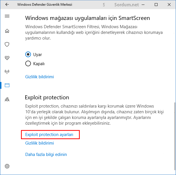 Exploit protection ayarları