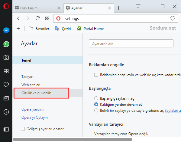 Opera gizlilik ve güvenlik seçeneği