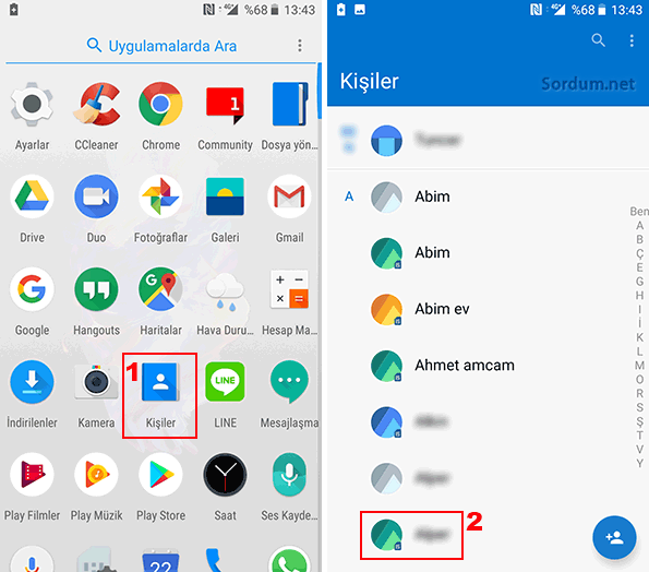 Android telefonda kişiler listesi