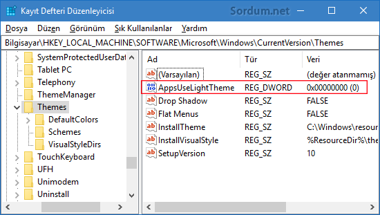 Koyu tema registry kaydı