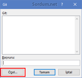 Excel git özel penceresi