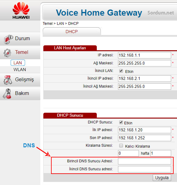 Huwai modemde DNS değiştirme